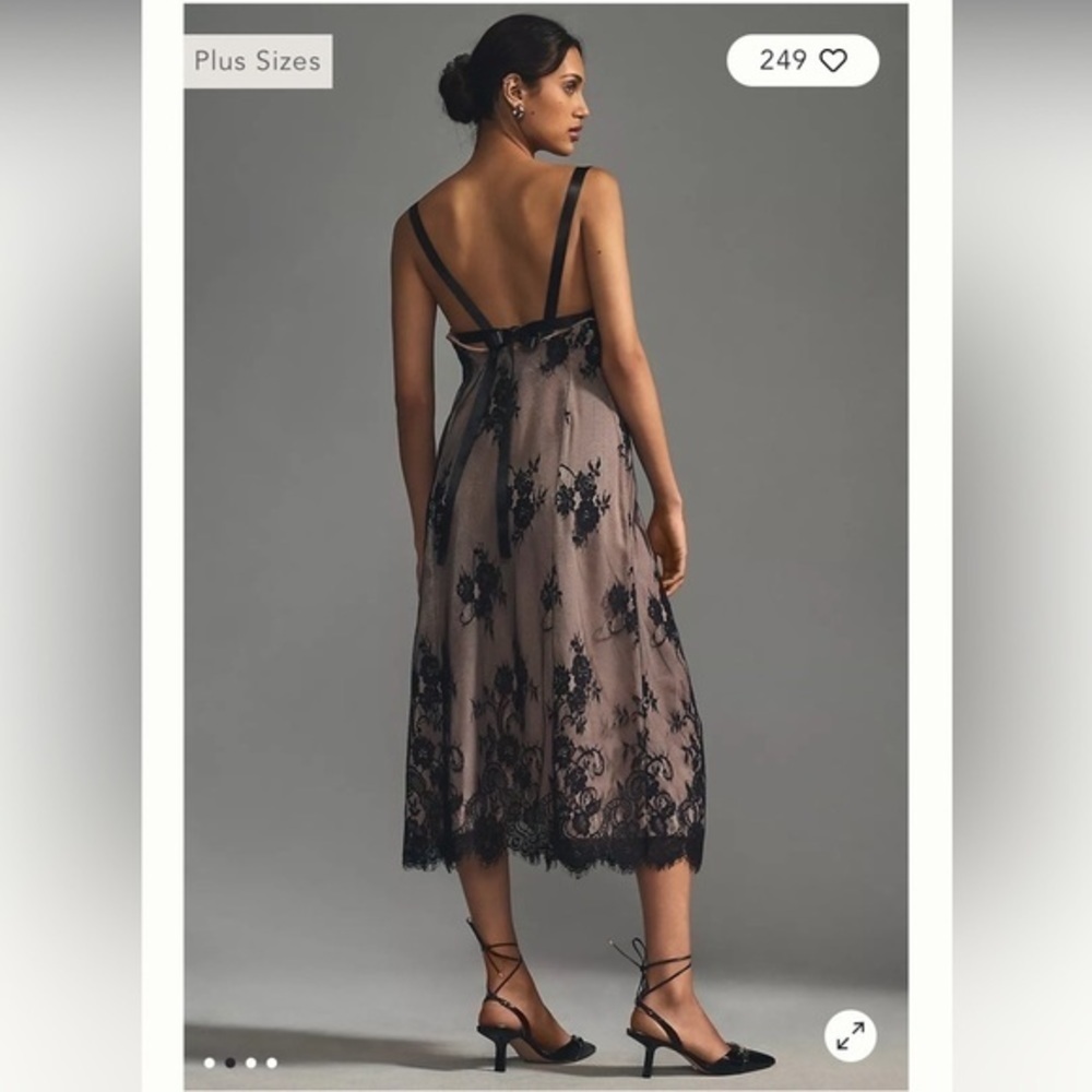 Anthropologie Mauve Nude Black Lace Overlay Side Slit Slip Dress - Picture 5 of 14